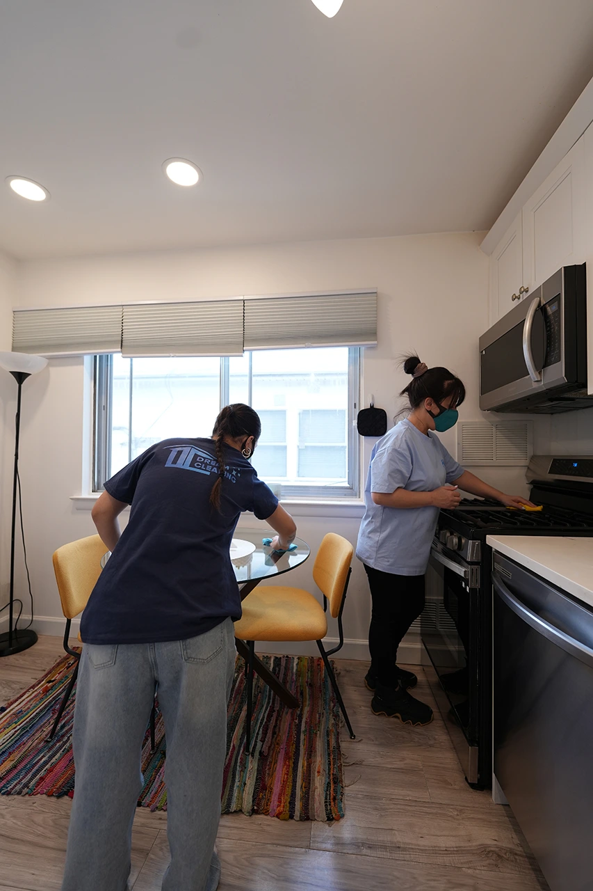 Airbnb kitchen reset and guest prep in NYC — counters, appliances and sink sanitized